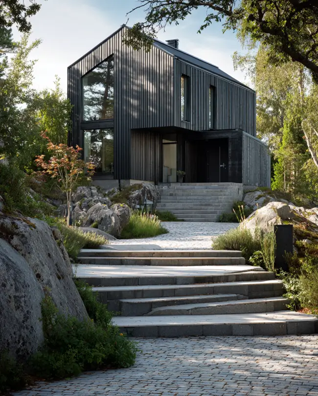 A black modern Scandinavian house with a grand stone staircase, set into a rocky, tree-filled landscape.