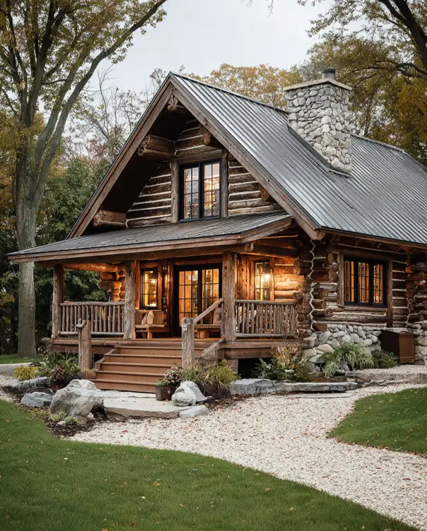 A rustic log cabin featuring a large fieldstone chimney and a welcoming porch among autumn trees.