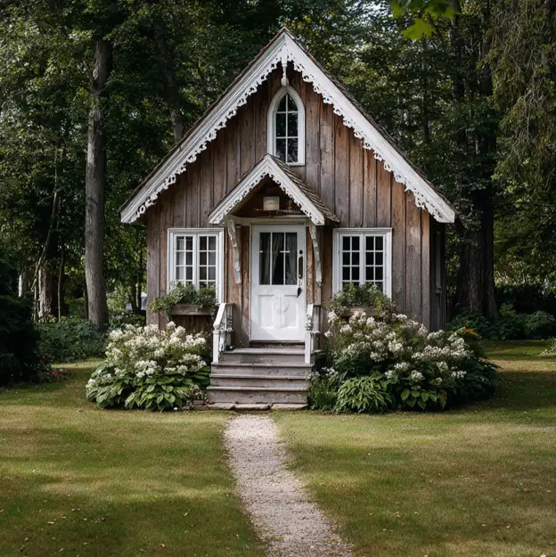 A rustic wood cottage with intricate white gingerbread trim, showcasing a charming exterior idea for a small house.