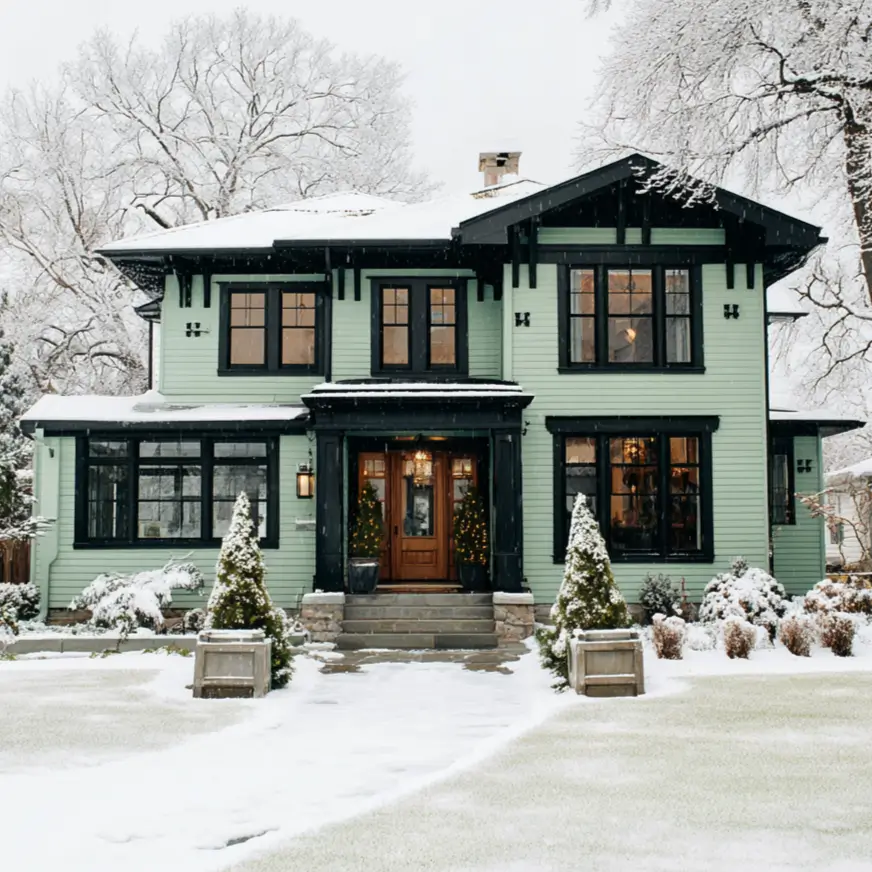 A picturesque winter scene featuring a stately sage green house with black trim standing out against a fresh blanket of snow.