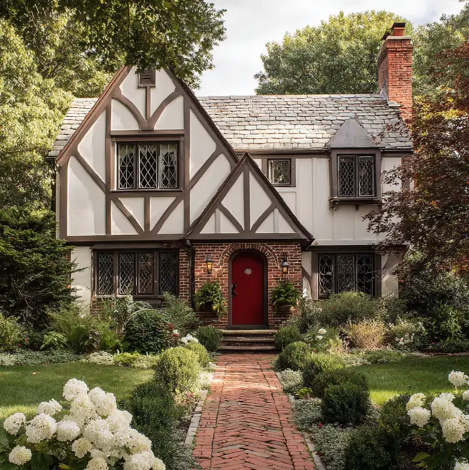 A classic small Tudor-style home with a charming red door and a long, winding herringbone brick walkway leading through a manicured lawn.