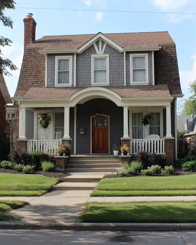 A Dutch Colonial suburban house exterior with a distinctive gambrel roof and an inviting arched front porch that adds to its unique, historic charm.