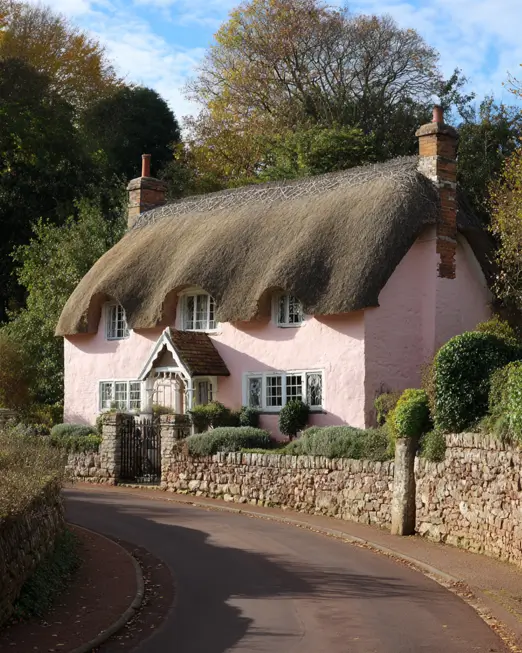A whimsical pink english cottage style home with a classic thatched roof and a low stone wall, located on a curving country lane.