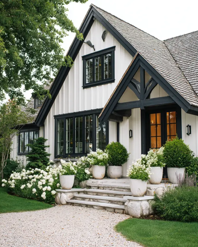 A white farmhouse exterior with black Tudor-style timber framing on the entryway and a natural shake roof.