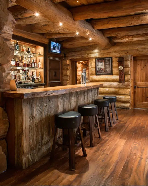 A well-lit bar log cabin with a television built into the back bar and heavy log ceiling beams.