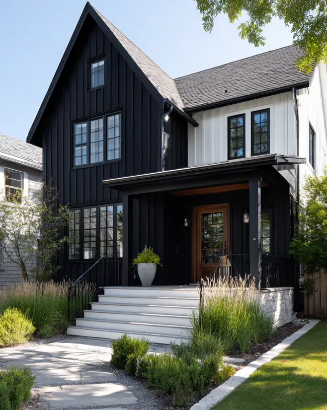 A wide, bright white staircase leading up to the dark covered porch of a modern farmhouse.