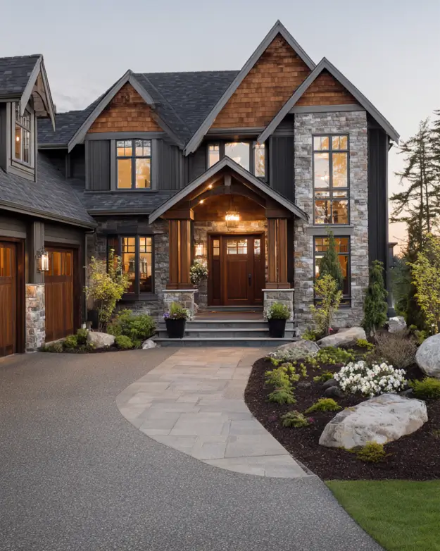 Modern craftsman house at dusk with a sophisticated dark exterior, extensive stone facade, wood shake gables, and warmly glowing windows.