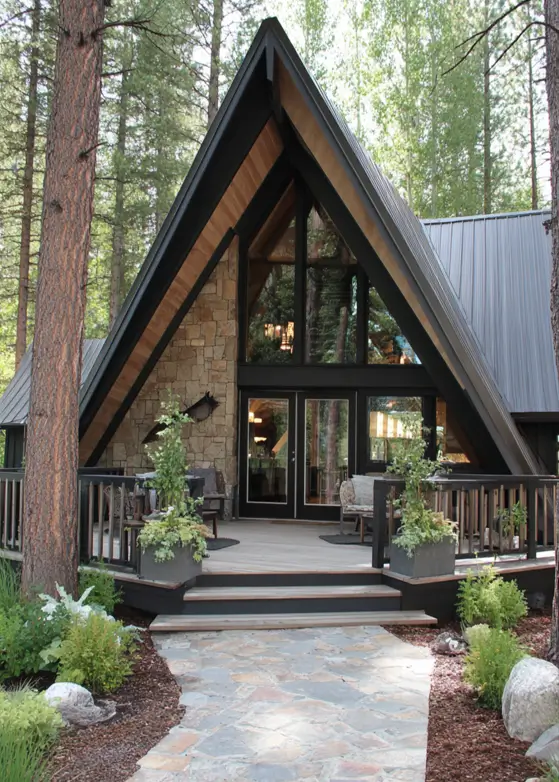 A modern A-frame cabin with a stone facade, wood accents, and a deck nestled among pine trees.