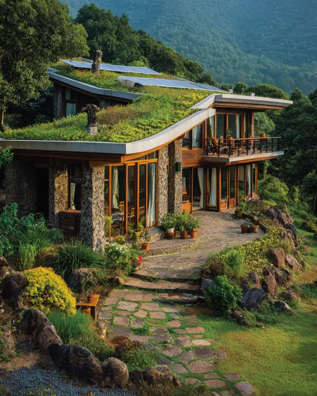 A unique modern mountain home with a curved, living green roof and stone walls, built into a lush, green mountainside.