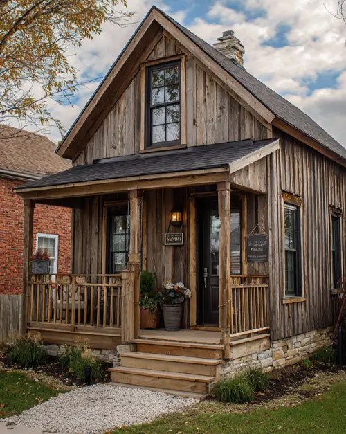 A narrow rustic cottage with vertical wood siding and a stone foundation, featuring a small covered porch as an exterior house idea.