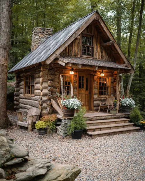 A rustic tiny log cabin with a stone chimney and warm lights, its porch adorned with numerous pots of white and green plants.