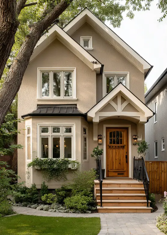 A simplified small Tudor home with a clean look, featuring warm beige stucco, crisp white trim, and a beautiful natural wood front door.