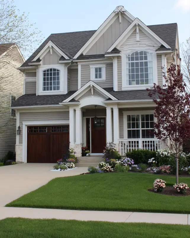 A suburban house exterior idea showcasing a custom look by mixing window shapes, with a large arched window acting as a focal point among traditional ones.