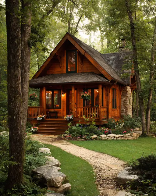 55 Tiny Cabin Ideas: The Ultimate Guide to Exterior & Interior Design 39 An enchanting tiny cabin home idea with a warmly lit porch that casts an inviting glow, approached by a winding stone path through the woods.