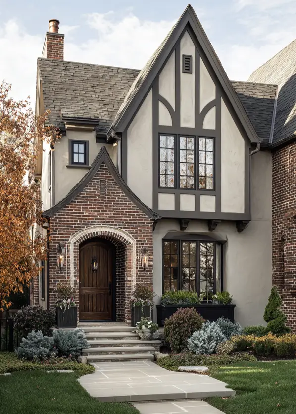 A modern Tudor-style house featuring a prominent, sheltered brick entryway and dark timber details.