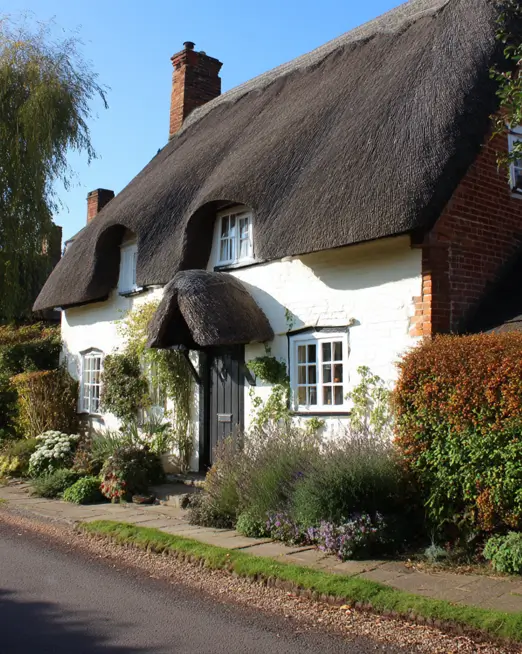 A quaint white english cottage with a dark thatched roof and a small, matching thatched portico providing shelter over the front door.