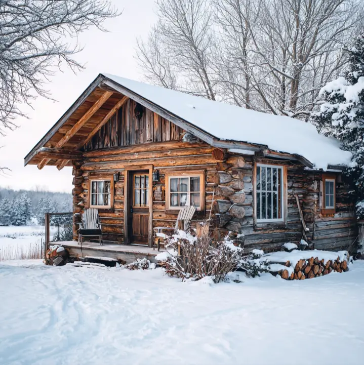 A small, rustic log cabin with a snow-covered roof in a winter landscape with firewood stacked nearby.
