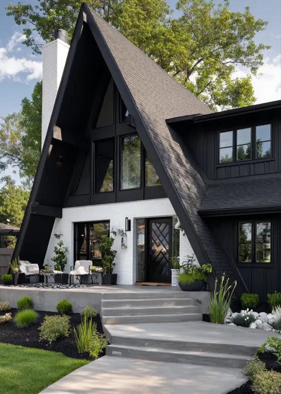 A modern A-frame home with a black roof and siding, contrasted by a white brick base and chimney.