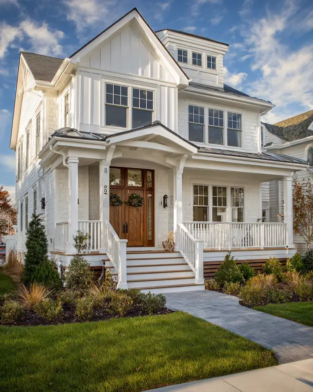 A modern craftsman house with a clean, bright white exterior, a welcoming front porch with white columns, and a natural wood front door.