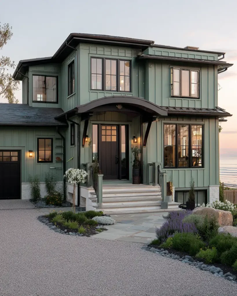 The grand entrance of a modern sage green house, featuring a gracefully curved portico over the front door.