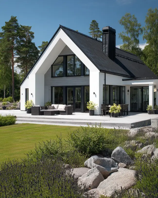 A modern Scandinavian house with a striking white facade, black roof, and a large stone patio overlooking a manicured lawn.