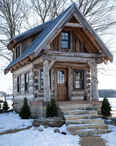 A tiny log cabin with pale, rustic logs and dark trim, featuring a stone foundation in a snowy winter scene.