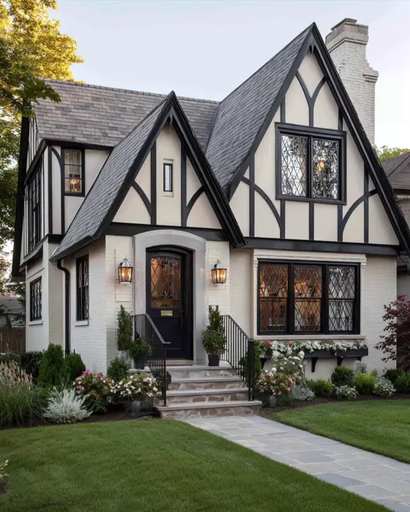 A polished small Tudor home with a white brick exterior, elegant curved black timbering on the gables, and detailed diamond-pane windows.