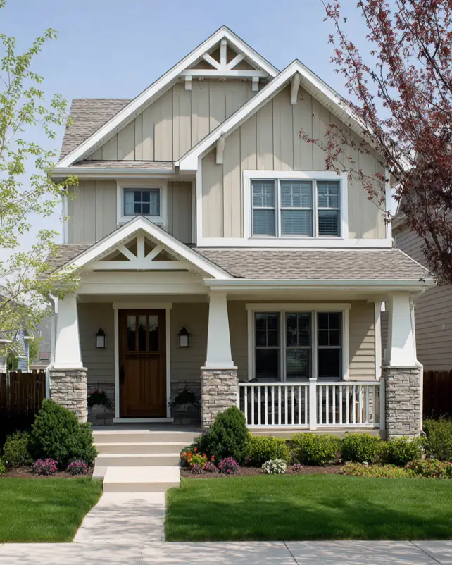 A Craftsman-inspired suburban house exterior with decorative truss details in the main gables that are echoed in the porch overhang for a cohesive design.