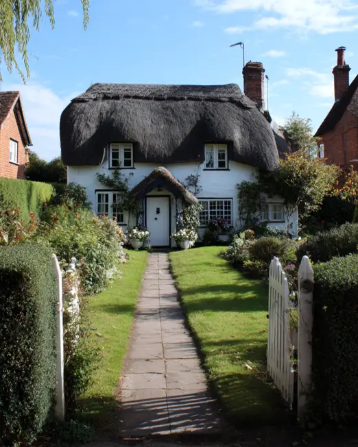 A perfectly symmetrical white english cottage with a thatched roof, featuring a straight central path leading to a white picket gate and hedge.