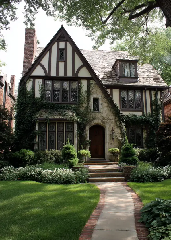 A classic Tudor Revival house with a stone and stucco exterior, dark timbers, and romantic climbing ivy.