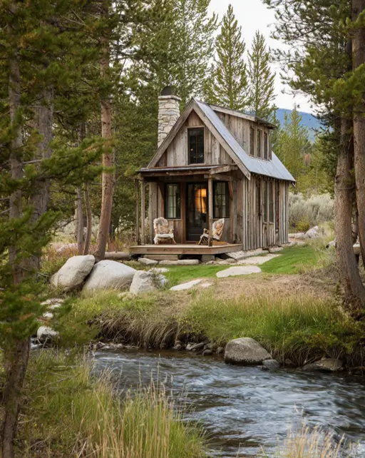 55 Tiny Cabin Ideas: The Ultimate Guide to Exterior & Interior Design 40 A rustic small cabin with weathered vertical siding and a stone chimney, perfectly situated on the grassy bank of a flowing stream.