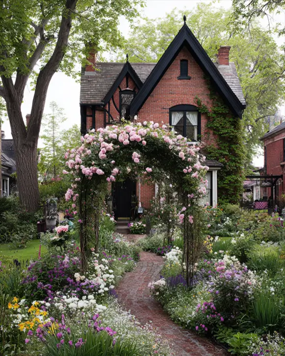 A brick Tudor house set within a lush cottage garden, featuring a rose-covered archway over the path.