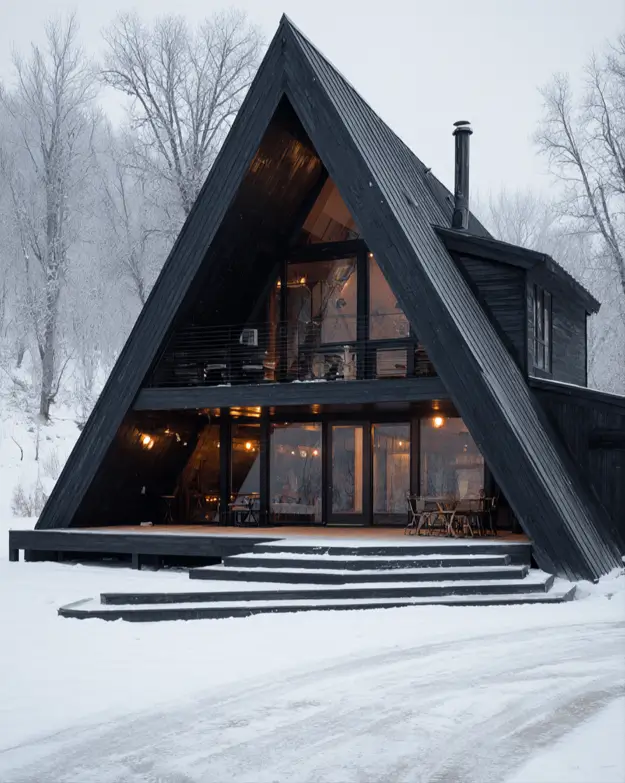 A striking dark charcoal A-frame cabin stands out in a snowy winter landscape, its windows glowing warmly.
