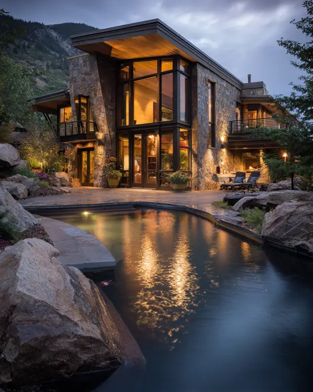 A luxury modern mountain house with a stone exterior, reflecting in a dark water pool surrounded by large boulders at dusk.