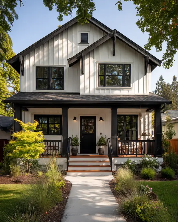 A modern craftsman style house with a high-contrast exterior of white board-and-batten siding and bold black trim, columns, and windows.
