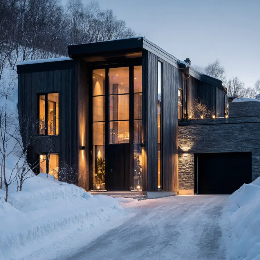 A dark modern Scandinavian exterior with a tall, illuminated glass entrance, set in a snowy landscape at dusk.