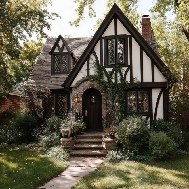 A cozy small Tudor-style home with an enchanted cottage feel, featuring dark timbering, a stone archway, and lush greenery surrounding the entrance.