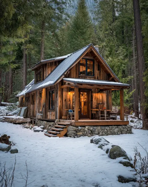 55 Tiny Cabin Ideas: The Ultimate Guide to Exterior & Interior Design 41 A cozy, warmly lit wooden tiny cabin idea surrounded by snow, resting securely on a rustic river stone foundation in a pine forest.