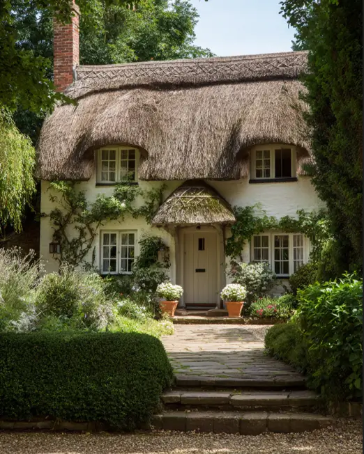 An elegant white english cottage framed by trees, with two large terracotta pots of flowers symmetrically placed on either side of the front door.