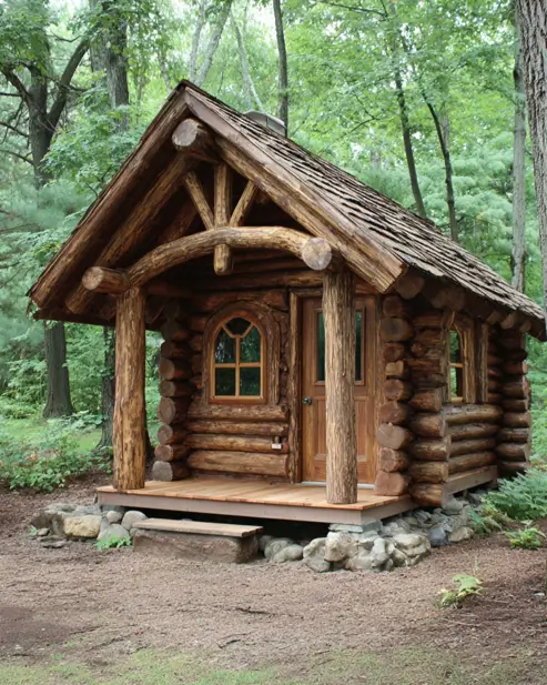 A compact tiny log cabin featuring a unique arched window and a thick wood shake roof in a forest clearing.