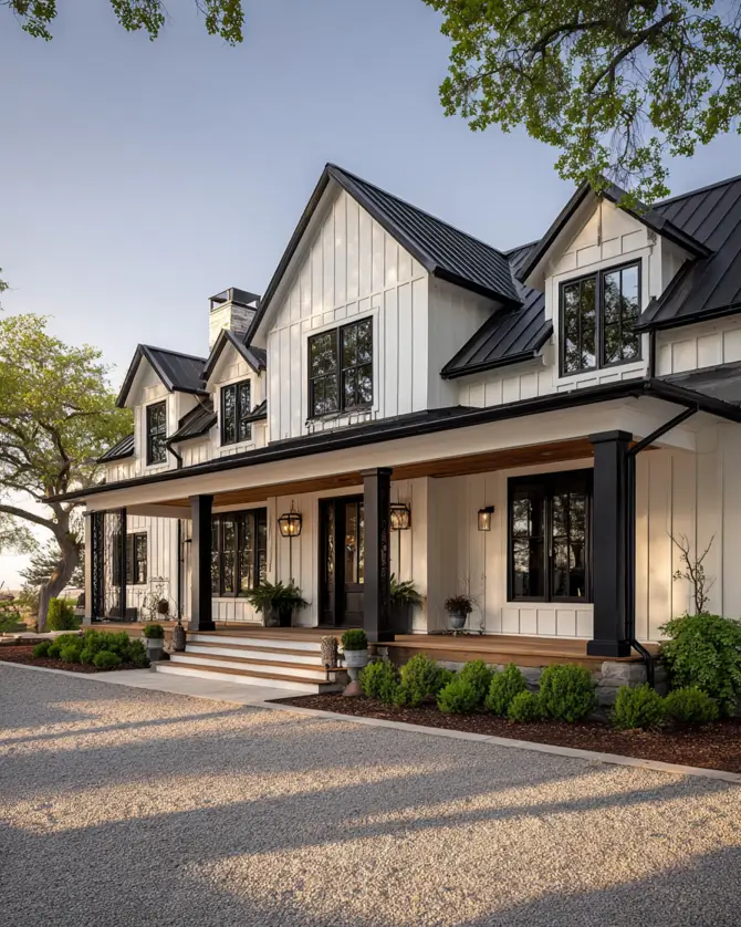 The porch of a modern farmhouse with thick black pillars and a warm wood deck.