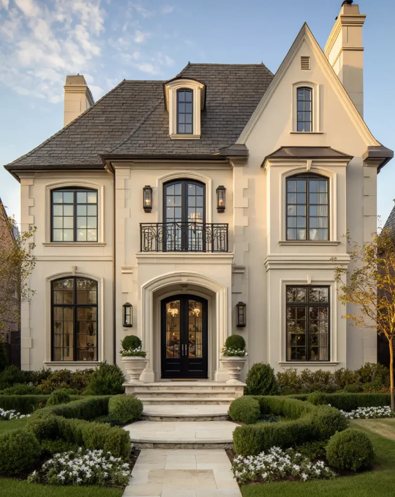 A formal French-style black and cream house exterior with off-white stucco walls, black-framed windows, and symmetrical manicured landscaping.