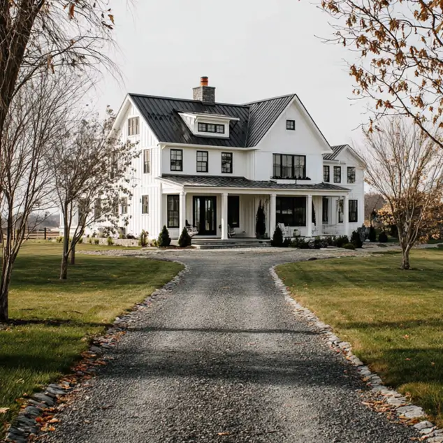 A stately white and black farmhouse exterior with a full-length porch and a traditional brick chimney.