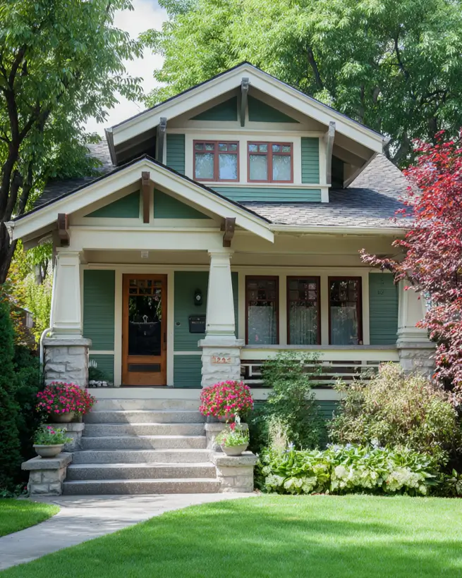 Classic Arts and Crafts bungalow with green siding, cream-colored trim, a wide front porch, and decorative brackets under the eaves.