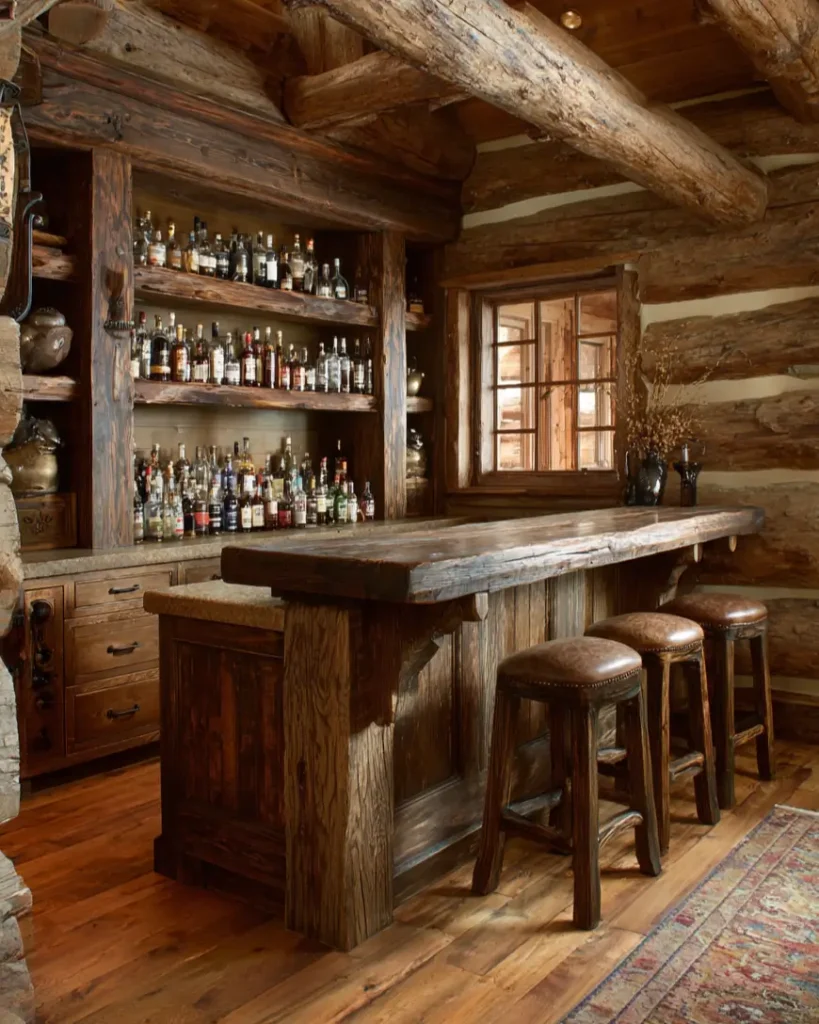 A classic bar log cabin with a post-and-beam style wooden bar, integrated shelving, and rustic upholstered stools.