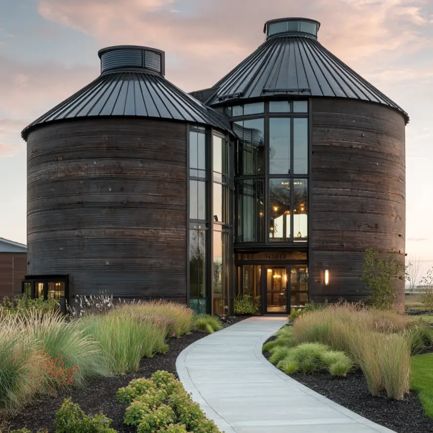 Two sophisticated, dark-clad grain silo homes connected by a multi-story glass atrium that serves as a modern entryway.