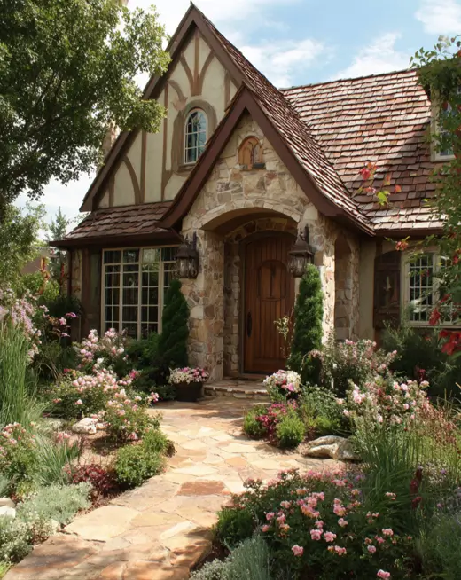 Storybook english cottage home with a mixed-material exterior of stone, stucco, and dark timbering, creating a rich, layered architectural style.