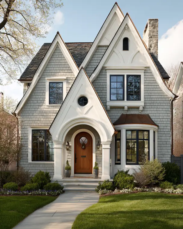 Gray shingled Tudor-style house with intricate white trim outlining the multiple gables and a natural wood front door.