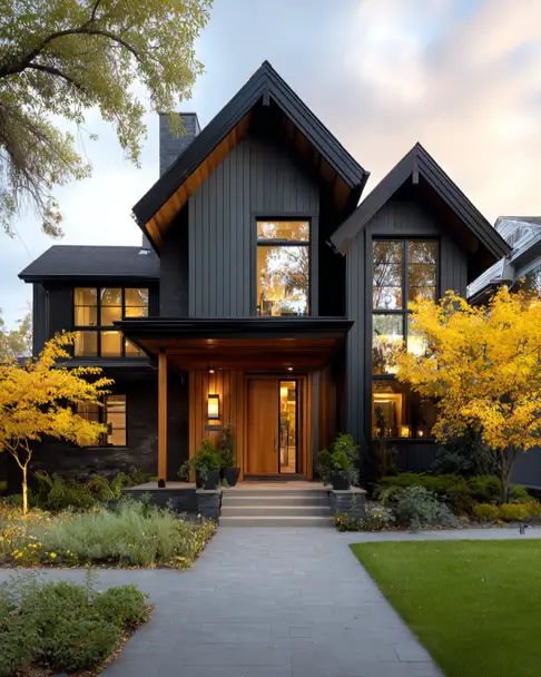 36 Modern Cottage Exterior Ideas to Achieve Timeless Curb Appeal 7 A modern cottage with a striking dark monochromatic exterior, featuring a brightly illuminated natural wood entryway for a warm welcome.