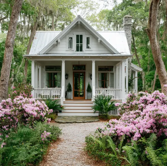 A small modern farmhouse with a metal roof and a large front porch, offering a sophisticated exterior idea for a small home.